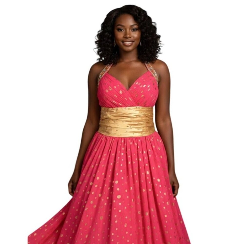 Hot Pink Gold Polka Dot Halter Gown 16 Beaded Corset Back Prom Pageant Princess